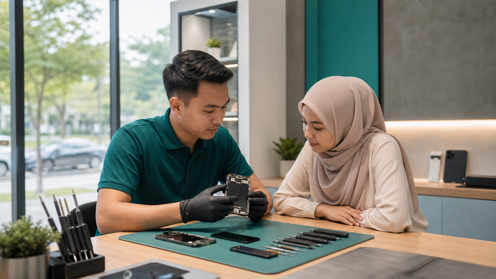 Fone District Bukit Jelutong technician inspecting a smartphone with a customer