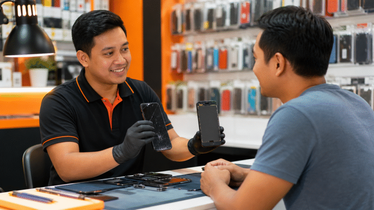 Gila Gadgets Shah Alam technician discussing cracked screen repair with a customer