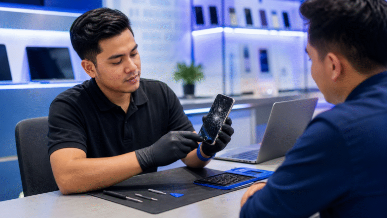 iFix Studio Setia Alam technician examining a cracked smartphone screen