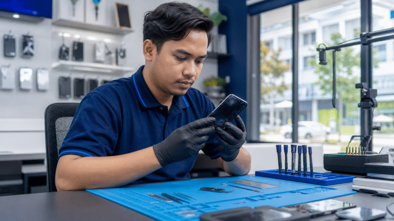 Technician inspecting a cracked smartphone screen for repair at MRFIX Puncak Alam