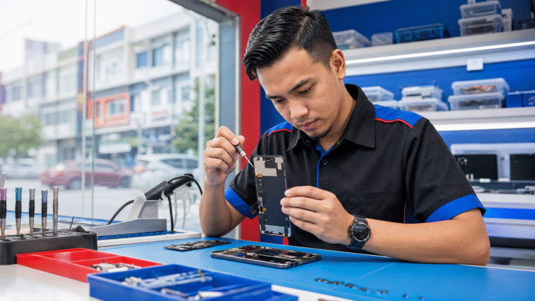Technician replacing a smartphone display at MRFIX Shah Alam