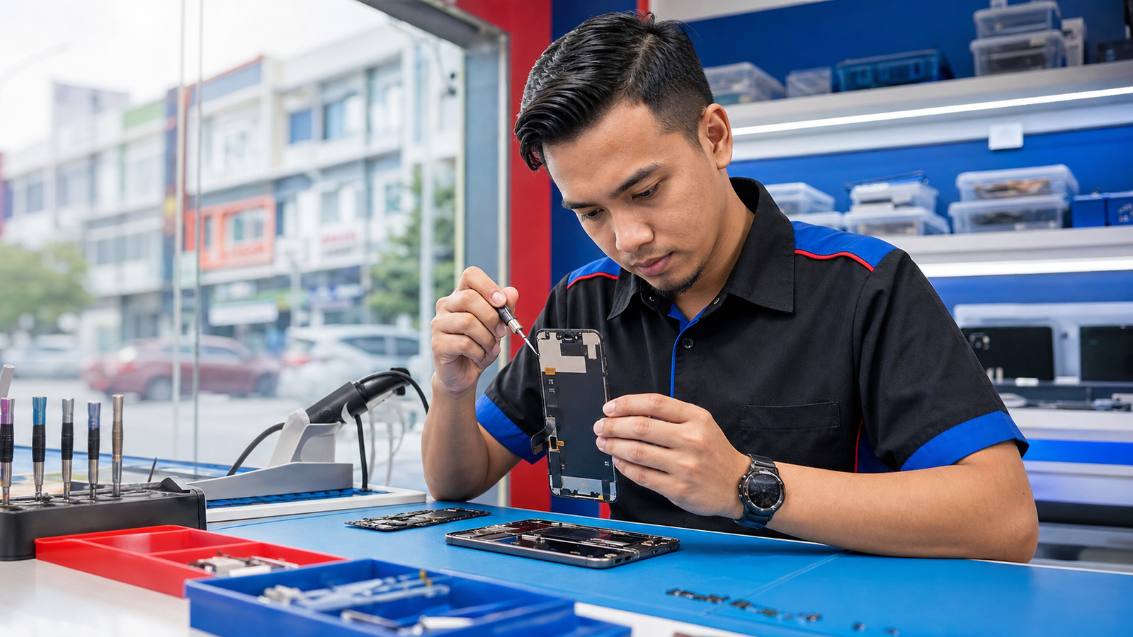 Technician replacing a smartphone display at MRFIX Shah Alam