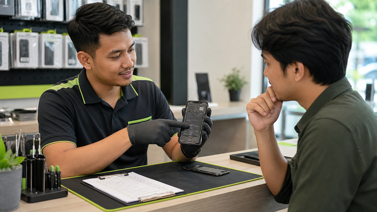 NullFix Services technician explaining a phone diagnosis to a customer in Saujana Utama