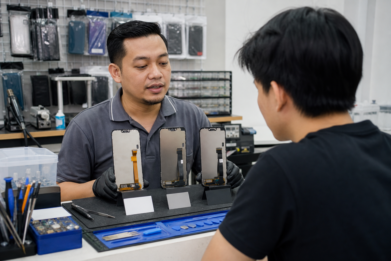 Juruteknik menerangkan pilihan gred skrin telefon kepada pelanggan