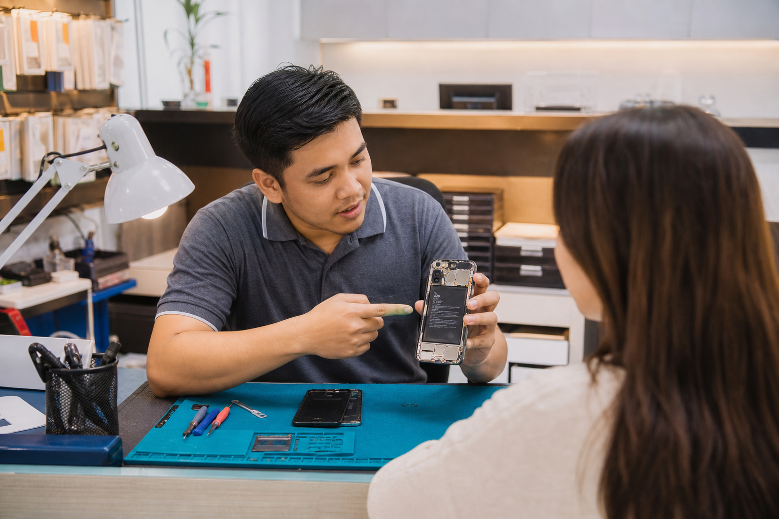 Juruteknik mendiagnosis telefon sebelum memberikan harga repair